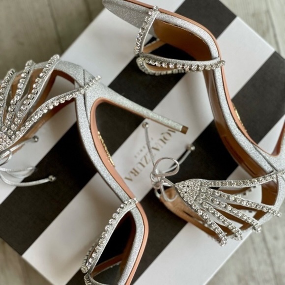 Aquazzura Luminous 105 mm Silver Leather Crystal-Embellished Sandals / Heels - Picture 16 of 17